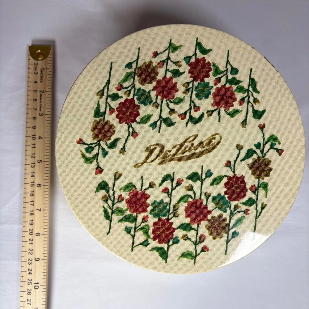 Vintage DeLuxe Round‎ Floral Cross Stitch Pattern Metal Cookie Tin Storage Box